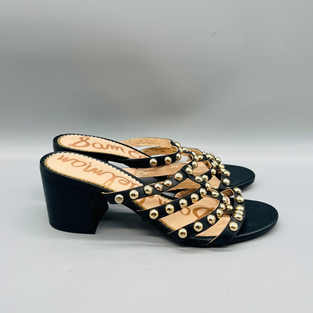 Sam Edelman Sandals Womens 9.5 Black Suri Stud Gold Embellished Block Heel Shoes